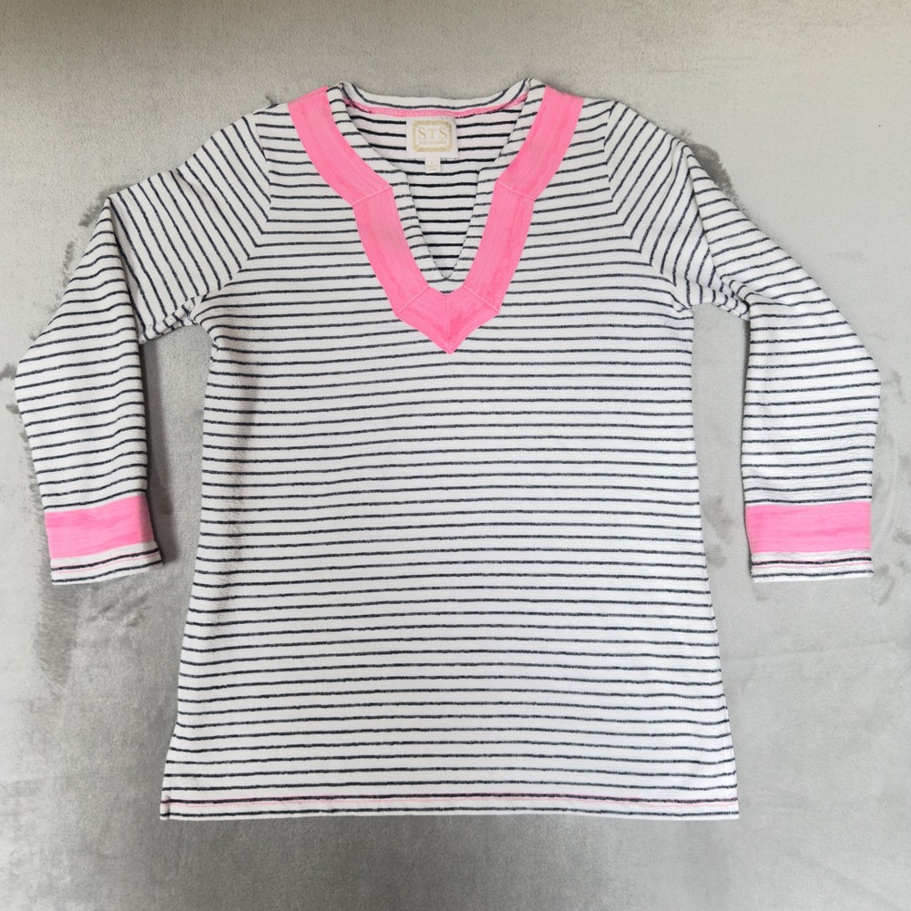 Sail to Sable STS Striped Tunic Top Navy White Neon Pink Trim Large